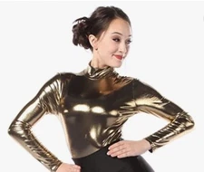 Gold Liquid Lame Metallic Mock Neck Leotard Bodysuit Long Sleeves NWOT Adult XS