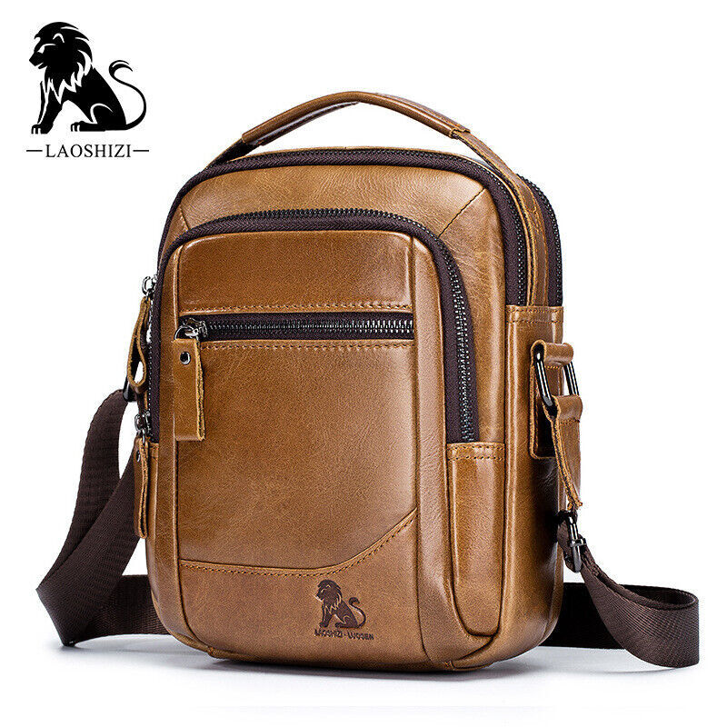 LAOSHIZI Leather Shoulder Crossbody Men Messenger Travel Chest Sling Hiking Bag
