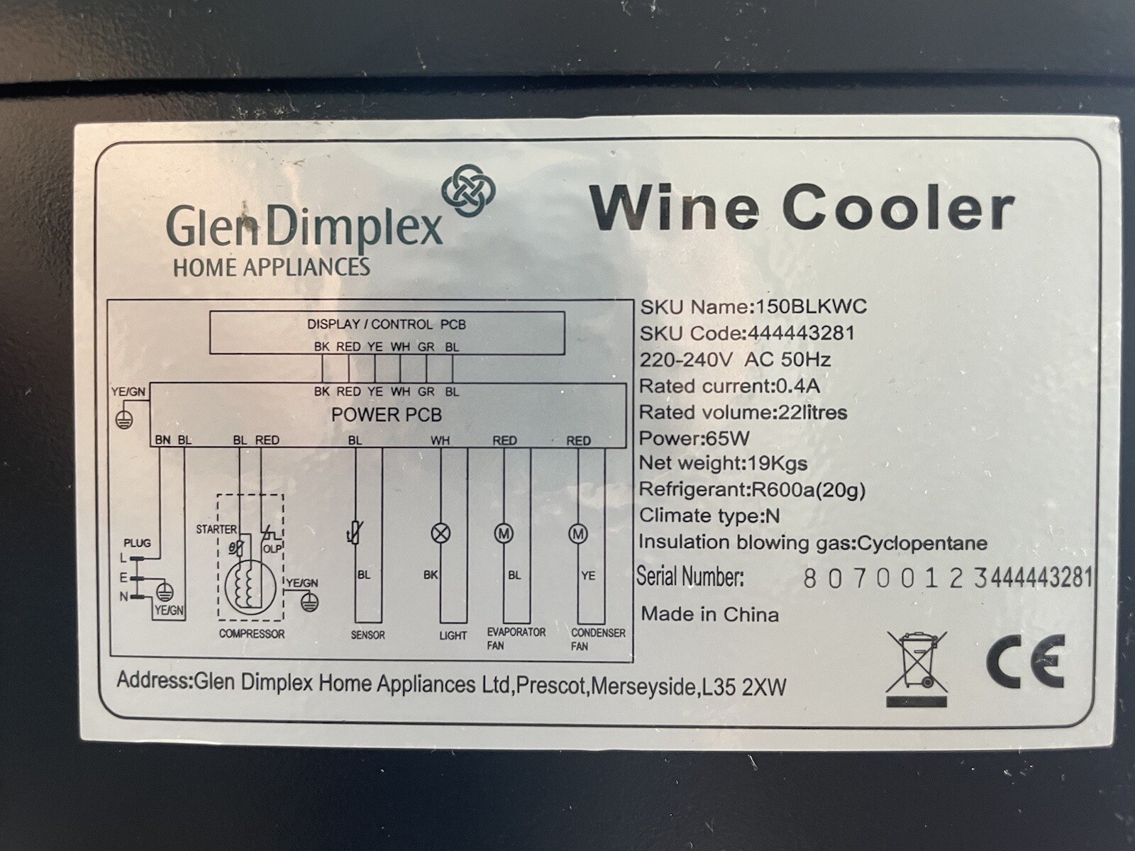 Wine cooler fridge Glen Dimplex eBay