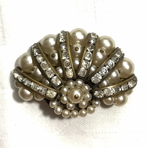 Vintage Art Deco Ciro Pearl & Facet Cut Paste Fan Shape Brooch