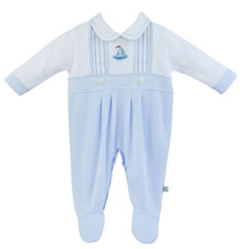 BABY BOYS SMOCKED ROMPERS SPANISH BLUE COTTON SLEEPSUIT BOAT DESIGN NEWBORN BOY