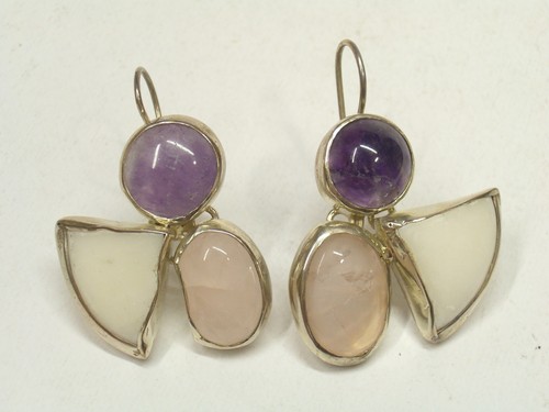 Orecchini in ARGENTO 925 con Pietre Dure naturali - Ametista -Quarzo Rosa -Agata - Photo 3/5