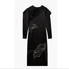 ZARA Floral Embroidered Draped Satin Midi Dress XS Black - Limited Edition $199