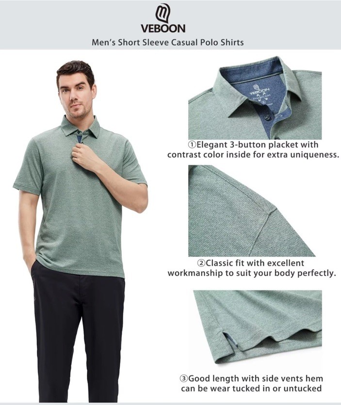 NWT VEBOON Men Polo Short Sleeve Performance Business Casual Frost Green Large image 4