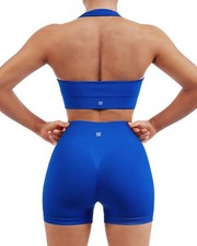 Women’s Two Piece Seamless Ribbed Workout Set, Backless Bra & Biker Shorts