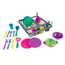 Kids Toy Play Dishes Tableware Dish Drainer Plates Forks Cups Kitchen Play Set