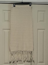 Boho Crochet Knit Fringe Midi Skirt Cream Coastal Fisherman Style Womens