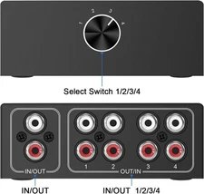 4 Way Stereo Audio Switcher, Bi-Directional Right and Left Channel 4In-1Out /1In