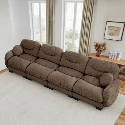 Modular 4-Seat Sofa with Chenille Fabric, Ergonomic Foam & 2 Pillows in Brown