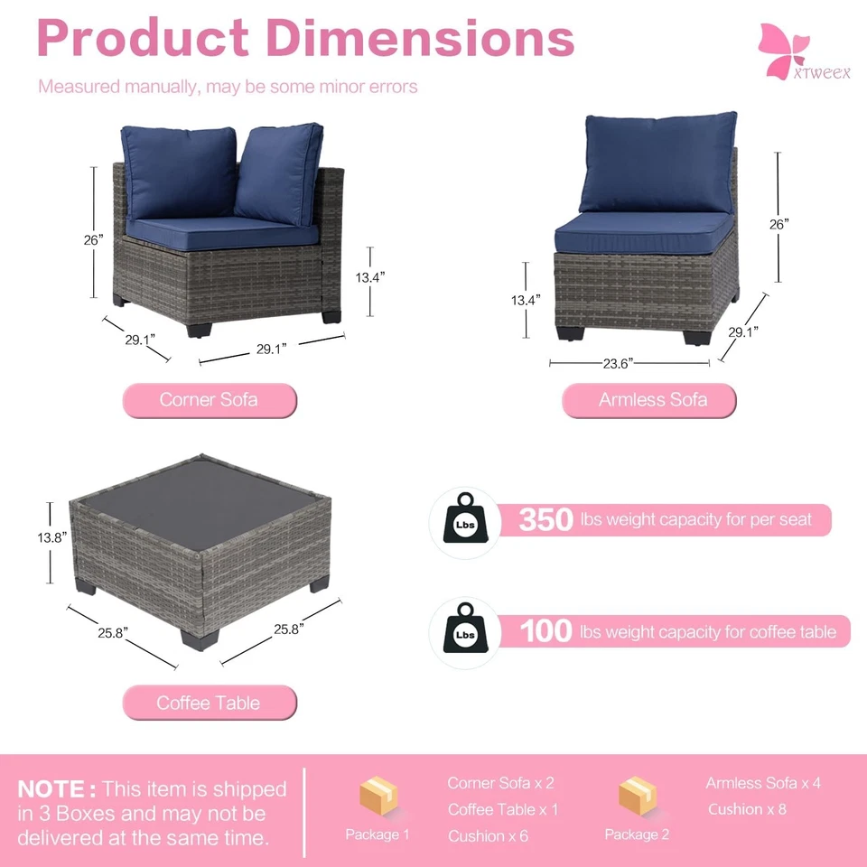 MOCHITO 7 件套户外藤条沙发露台家具套装海军蓝 — 第 2/4 张图片