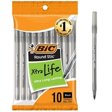 BIC Round Stic Xtra Life Black Ballpoint Pens, Medium Point 1.0mm, 10Count Pa...