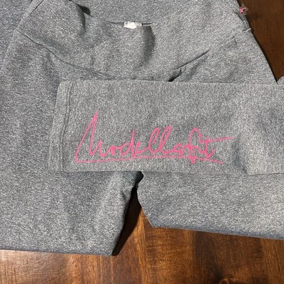 Modella Fit Leggings Women s Size G Gray Pink Script Logo Stretch Activewear