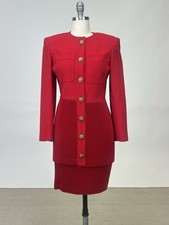 Vintage 1980s Valentino Boutique Red Wool Two Piece Blazer Pleated Skirt Suit