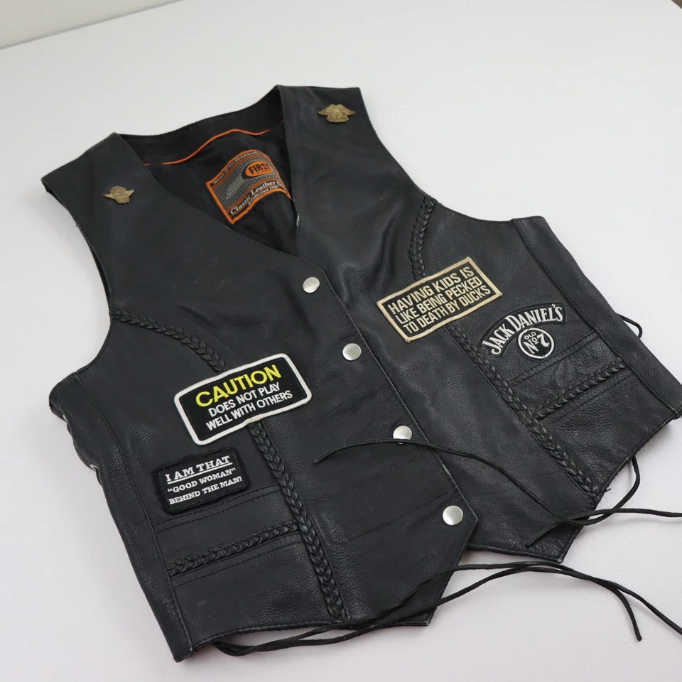 Vtg Leather Biker Vest Womens L Laced Sides Patches Jack Daniels Harley HOG Pin - Image 3 of 4