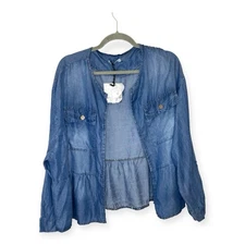 Angela Mara Denim Jacket L – Boho Ruffle Trim Lightweight Chambray Western NWT
