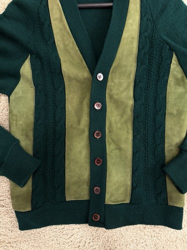 Vintage 60s Men’s Unbranded Acrylic & Leather Green Cardigan Grunge Small - Picture 15 of 17