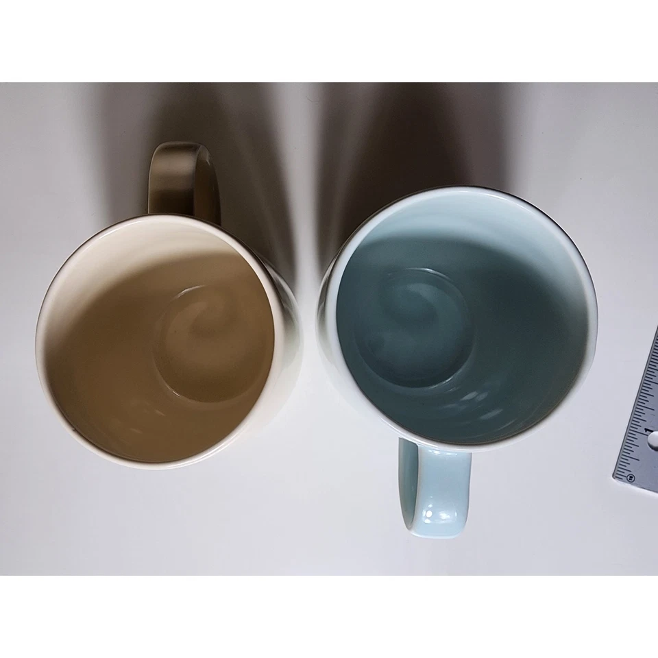 CRATE & BARREL Tan and Blue Ceramic Coffee Mugs - set of 2 - Image 3 of 4