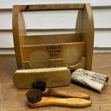 Vtg Esquire Footman Deluxe Wooden Shoe Shine Caddy Compartments Brushes Cloth