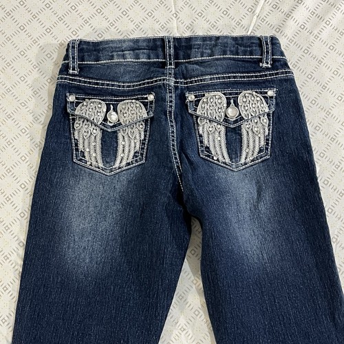Arizona Jeans Girls Sz 12 Bootcut Dark Blue Angel Wings Denim Distressed - Picture 8 of 10