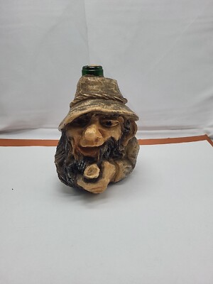 Whiskey folk art Decorated Decanter Green Bottle Old Man With Beard Cork Cool