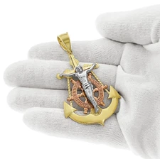 Anchor Jesus Crucifix Cross Mens Pendant 10k Three Tone Gold Charm 2.6 inch