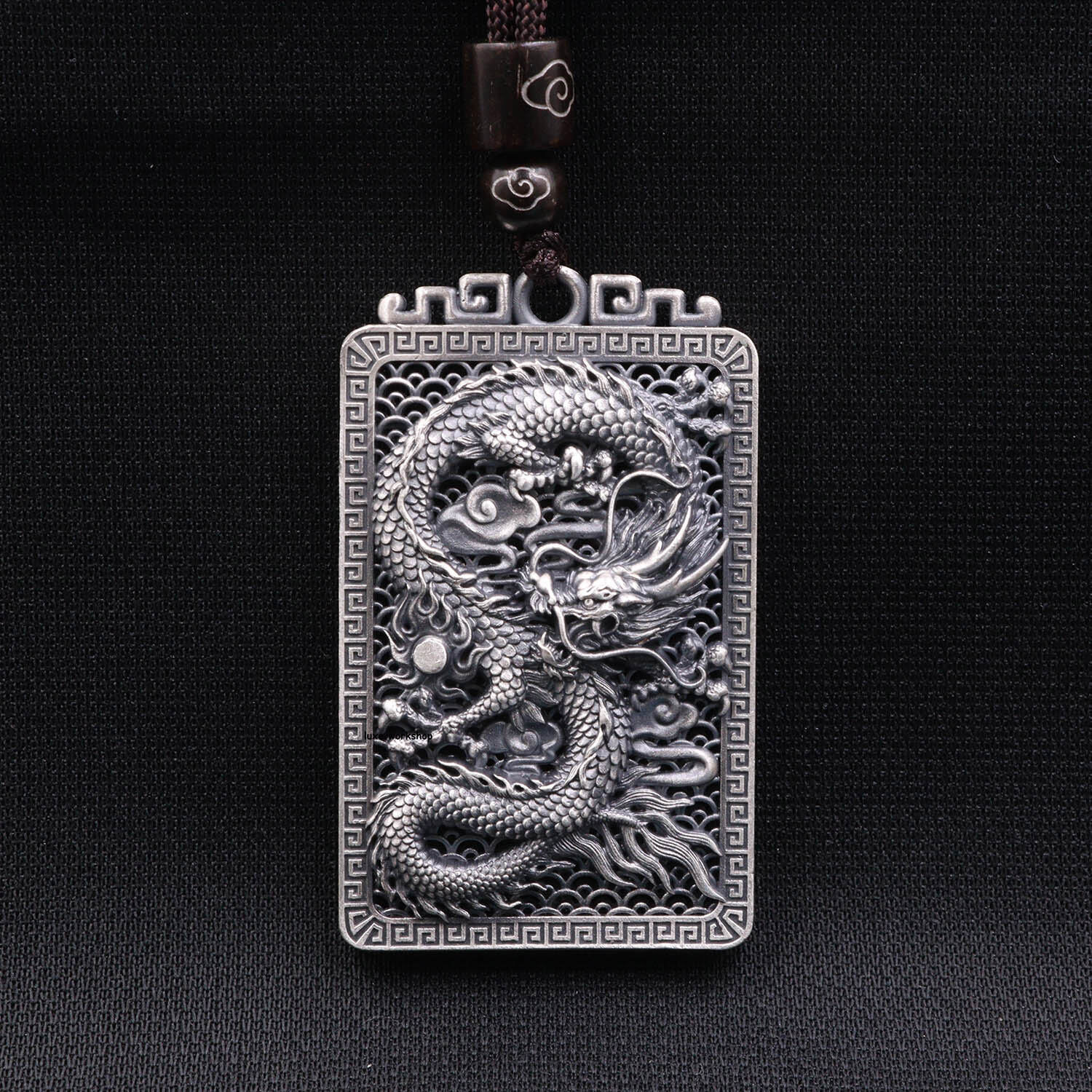 Pure S999 Fine Silver Lucky Dragon Auspicious Clouds Rectangle Pendant 1.97''H