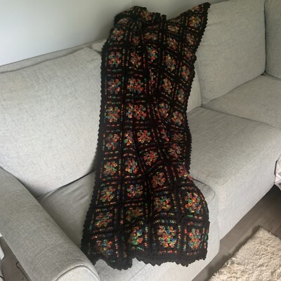 VTG Multicolor Crochet Granny Squares Afgan Quilt Blanket Black Roseanne 70 X50 