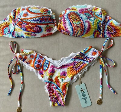 Luli Fama Summer Love Gold V Ring Bandeau Top (L) & Drawstring Side Bottom  (XS) | eBay
