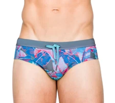 Tropical Blue, Gray & Pink Print Men's Swim Briefs. Size X-Large 36" XL
