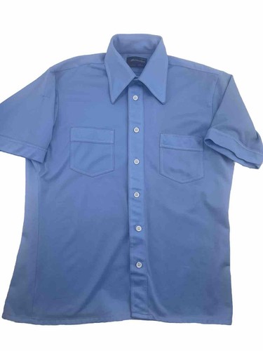 Vintage Men’s 70s Disco Mod Hipster Polyester Blue Short Sleeve Button Up