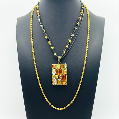 Gold Tone Necklace Lot of 2 Long Rope and Triple Strand Short Rectangle Pendant