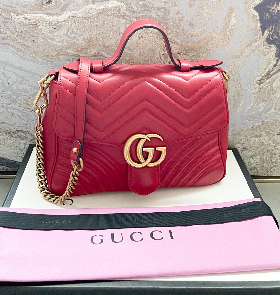 Gucci Marmont Matelasse Small Top Handle Red Leather Chain