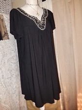 Fashion Bug Black Beaded Front Silky Polyester Flowing Summer Dress Vacation...