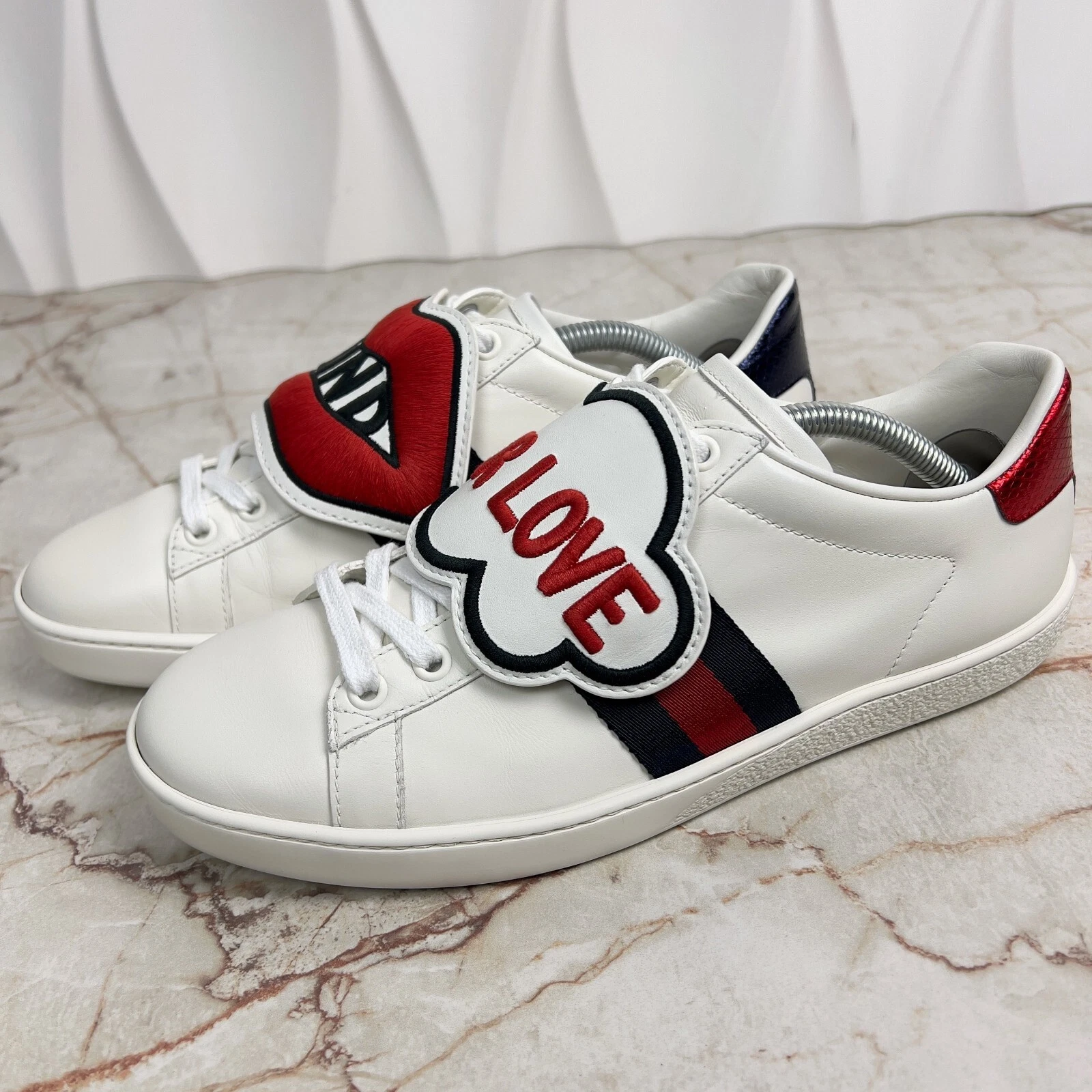 Gucci ACE Web Baskets Blind For Love Patch Web Cuir Blanc 8 US ou