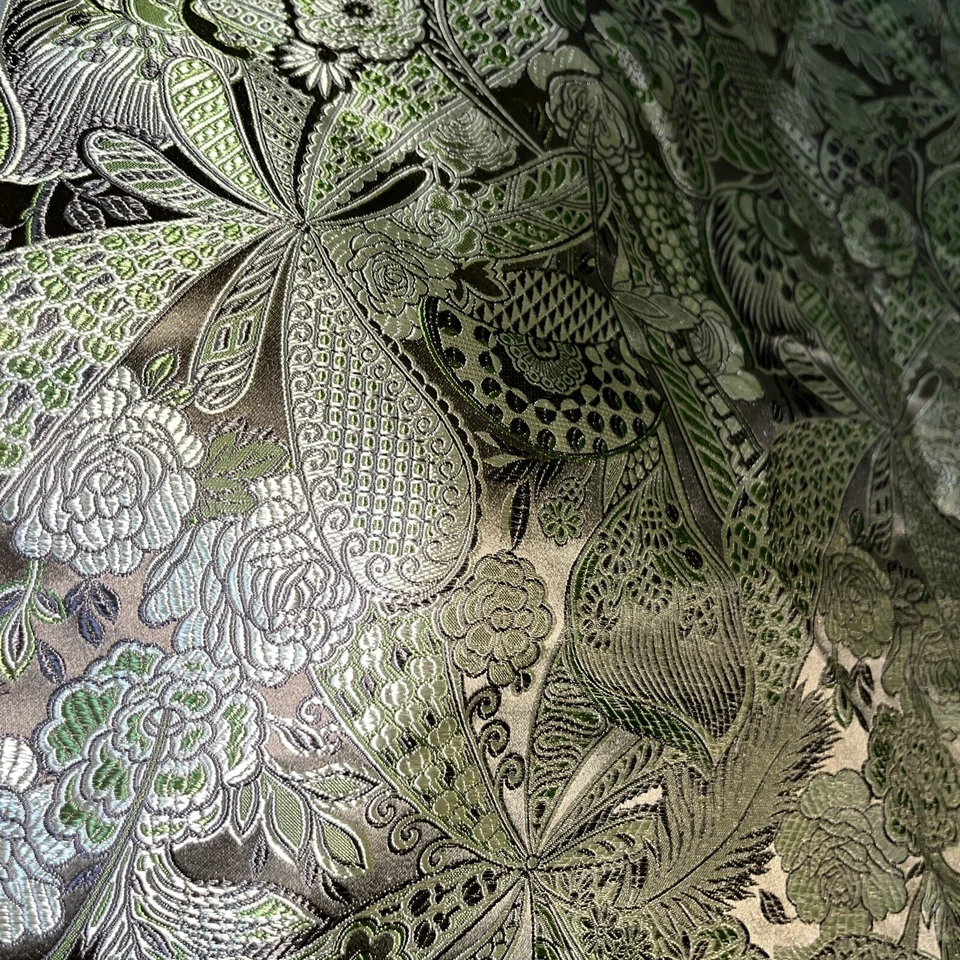 Japanese Brocade Fabric 8 7/8 Yards By 29” wide Satin Silk Champagne & Lime - Image 2 of 3