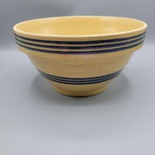 Antique YellowWare Mixing Bowl W/multi blue Stripe 8"x4"