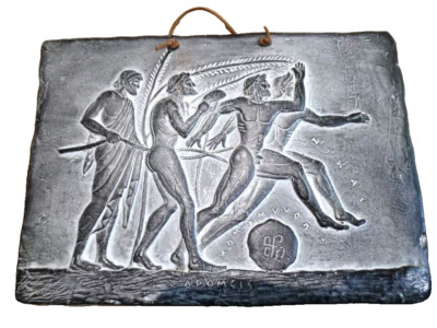 Ancient Greek Olympic Runners Wall Plaque Clay Relief Faux Slate 9'' Nude Athlete