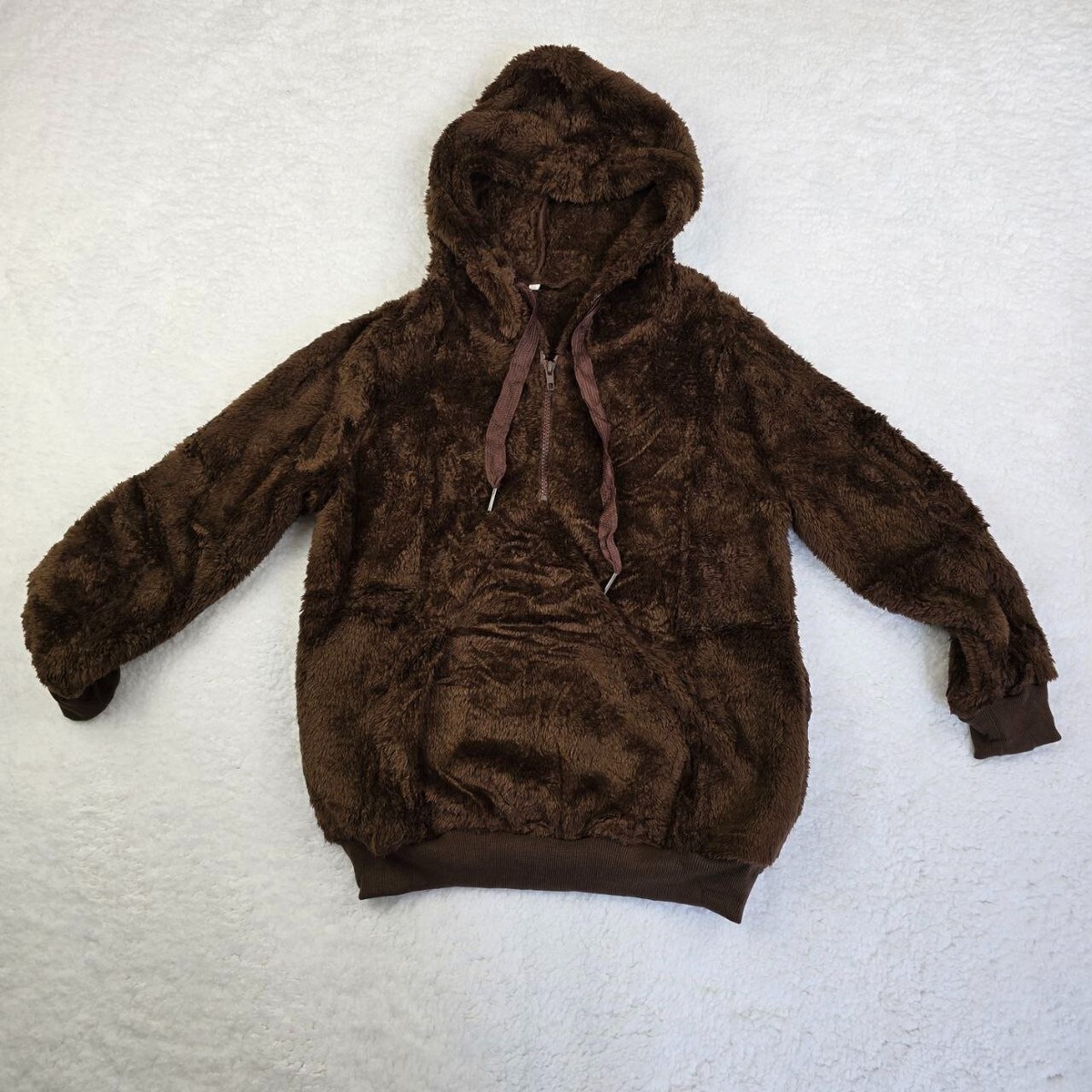 Girl's 1/4 Zip Sherpa Hoodie Size XXL (12-13) Coffee Drawstring Soft Fuzzy