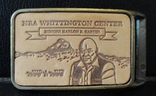 NRA Whittington Center Belt Buckle Honors Harlon Carter Leather Rifle Gun Group