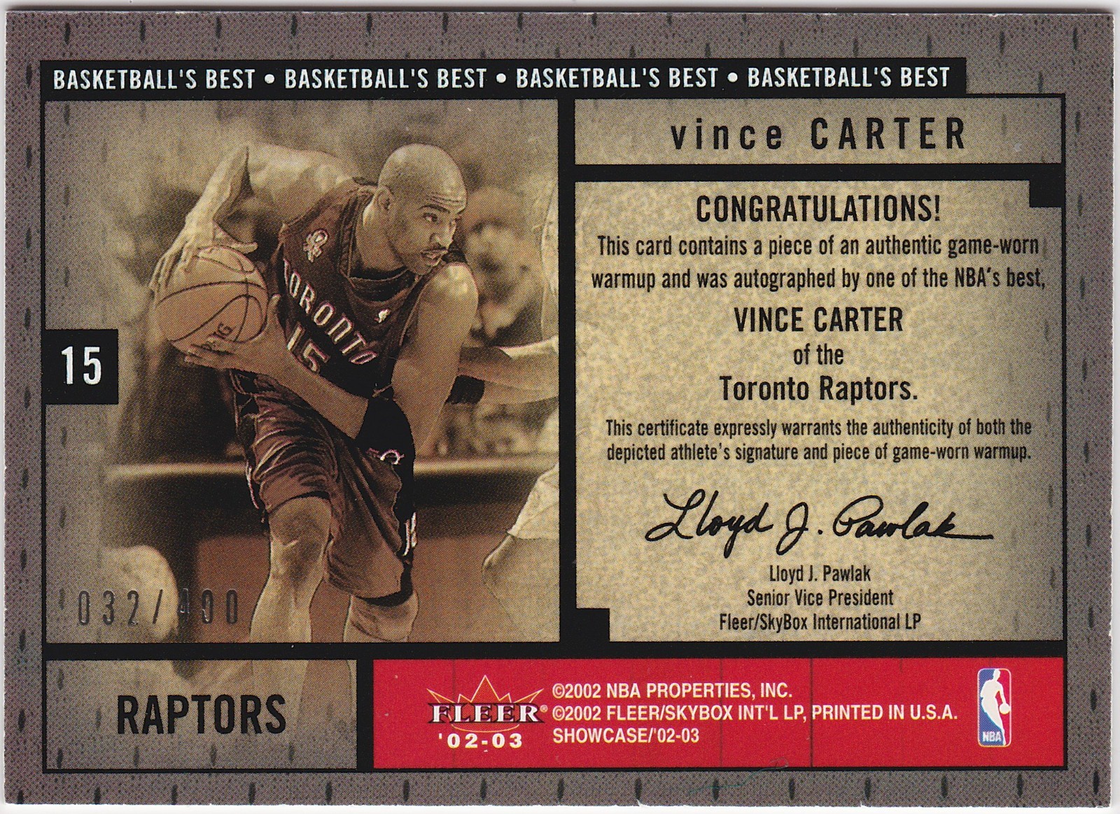 2002-03 FLEER SHOWCASE BASKETBALL'S BEST # 32/400  VINCE CARTER GAME USED AUTO view 2