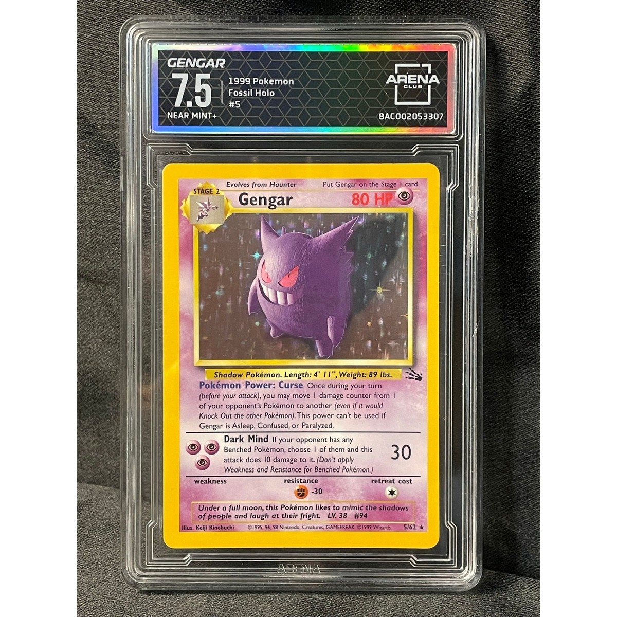 1999 Gengar #5 Pokémon Fossil Holo Rare ArenaClub Graded NM+ 7.5