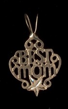 New 14K 22mm Solid Yellow Gold "BEST MOM" Word Accent Star Pendant Charm xg