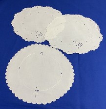 Three Vintage Round Doilies, White, Flower Cut Work Design, Linen