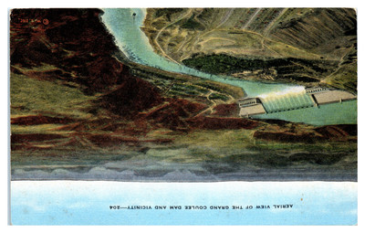 Postcard: AERIAL VIEW OF THE GRAND COULEE DAM AND VICINITY