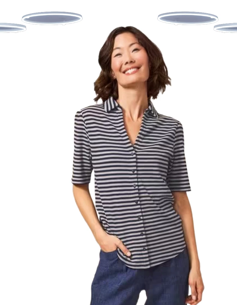 Ex White Stuff Women's Shirt - Stripe Short Sleeve Rosi Rib Jersey Navy