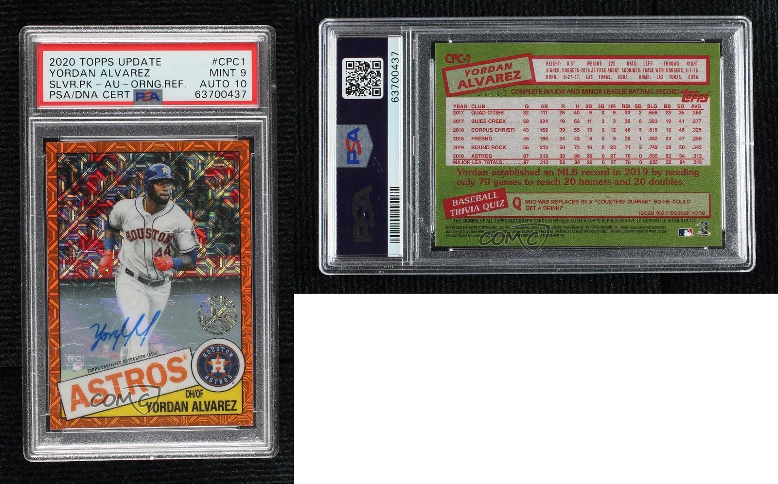 2020 Topps Update Orange 11/25 Yordan Alvarez #CPC-1 PSA 9 MINT Rookie Auto RC view 3