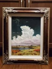 ✅Original Oil Painting Canvas Realism Summer Landscape Clouds Signed Decor Art 