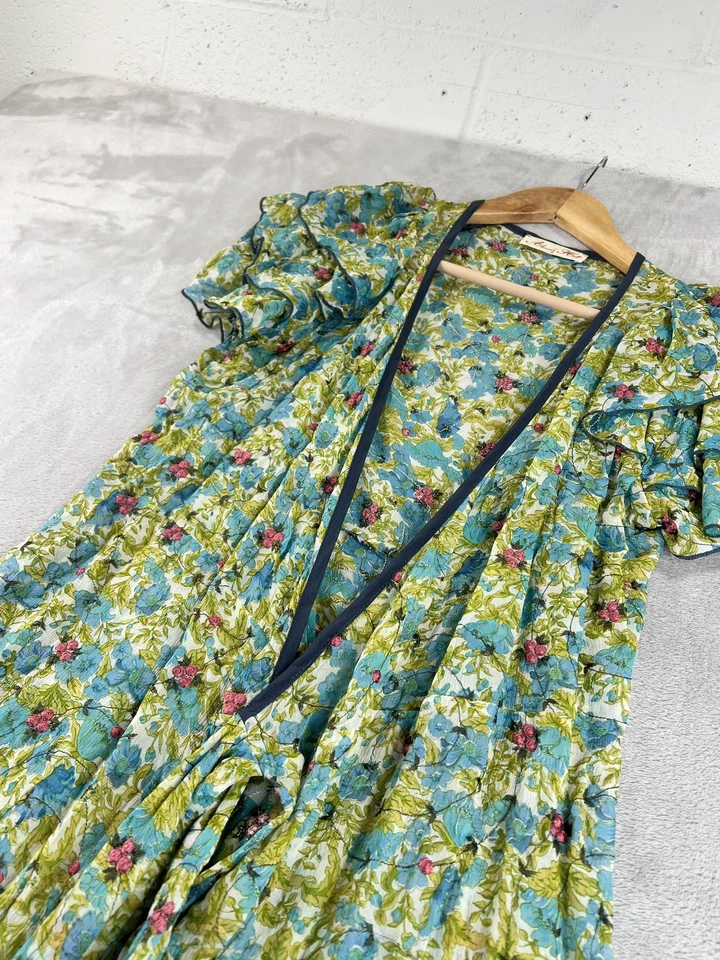 Vestido Alannah Hill Para Mujer 8 Azul Verde FLORAL Seda Falda Boho Cottage-core Y2K Foto 3 de 4