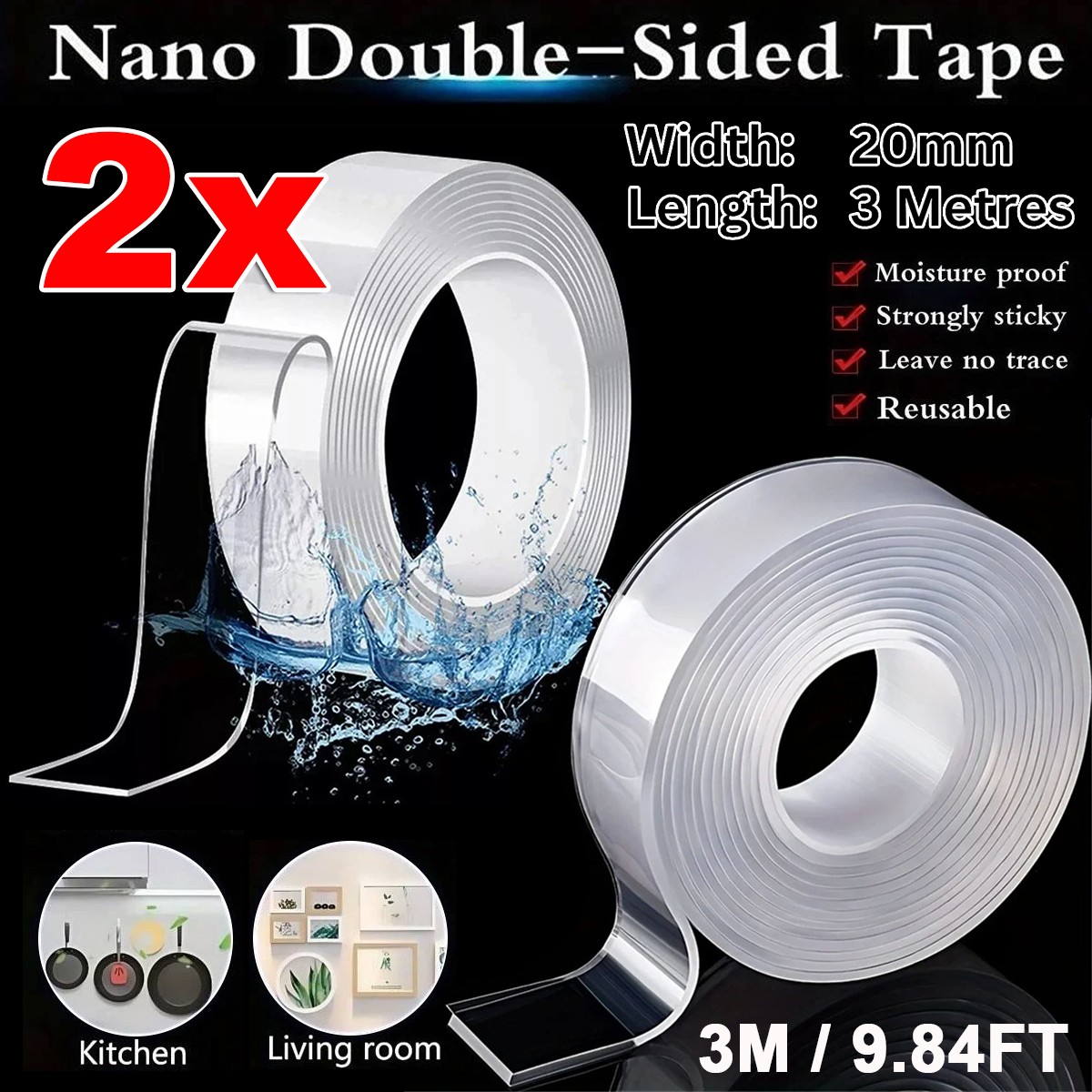 2Pcs Nano Tape Clear Double Sided Gel Adhesive Reusable Strong Stick 2cm x 300cm