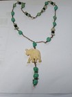 Vtg Turquoise Gemstone Necklace Carved Cow Bone Elephant Pendant Lariat Artisan — photo 8